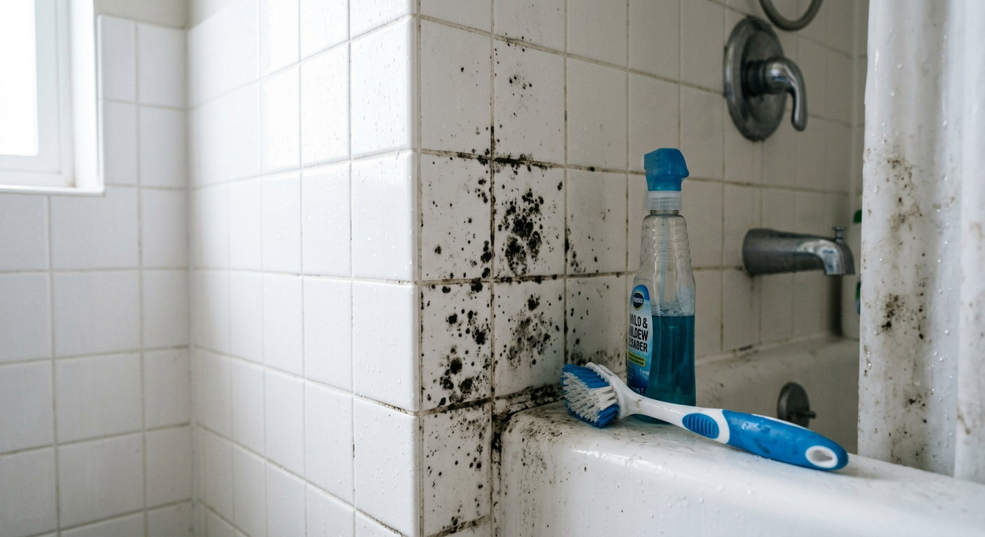 Black mold spots on bathroom wall tiles near a shower