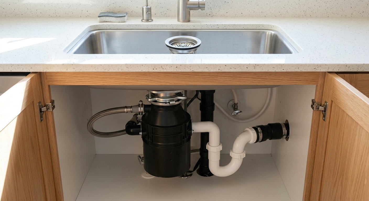 Under-sink garbage disposal unit in a kitchen cabinet