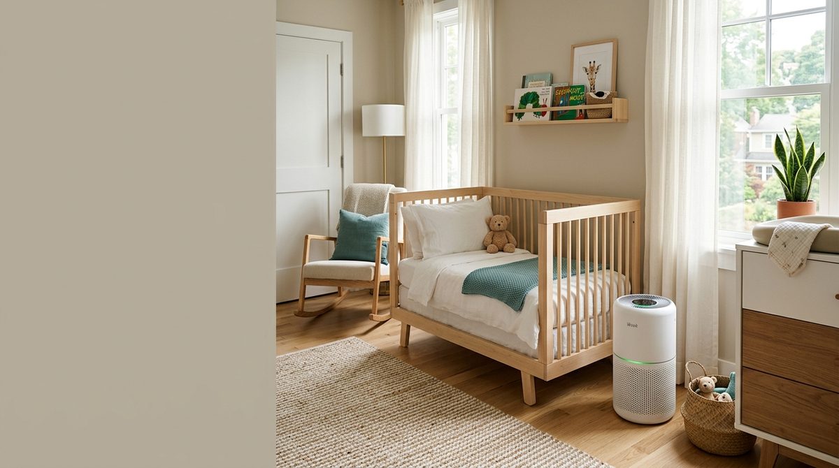 Air purifier running quietly beside a crib in a small apartment nursery