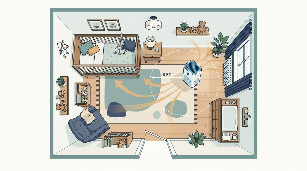 Diagram of correct air purifier placement in a small apartment nursery, three feet from the crib and away from the wall