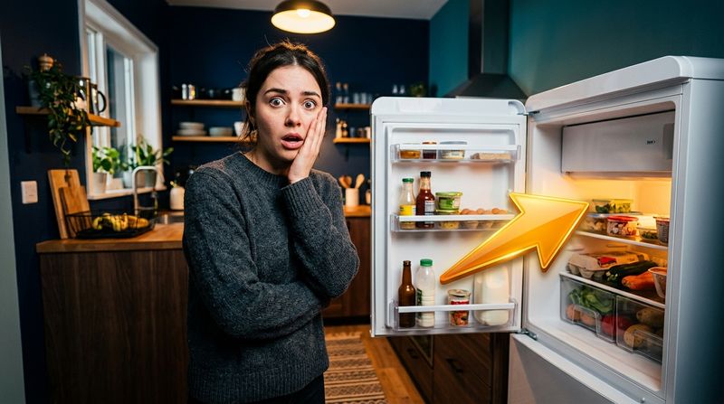 Surprised renter looking into an open refrigerator in a small apartment kitchen