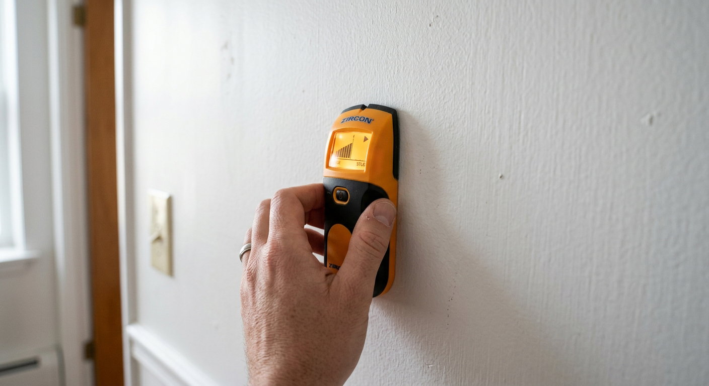 Hand holding a stud finder against an apartment wall