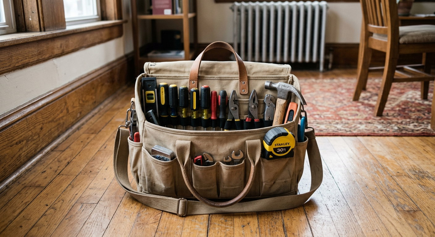 Open tool bag with organized hand tools on an apartment floor