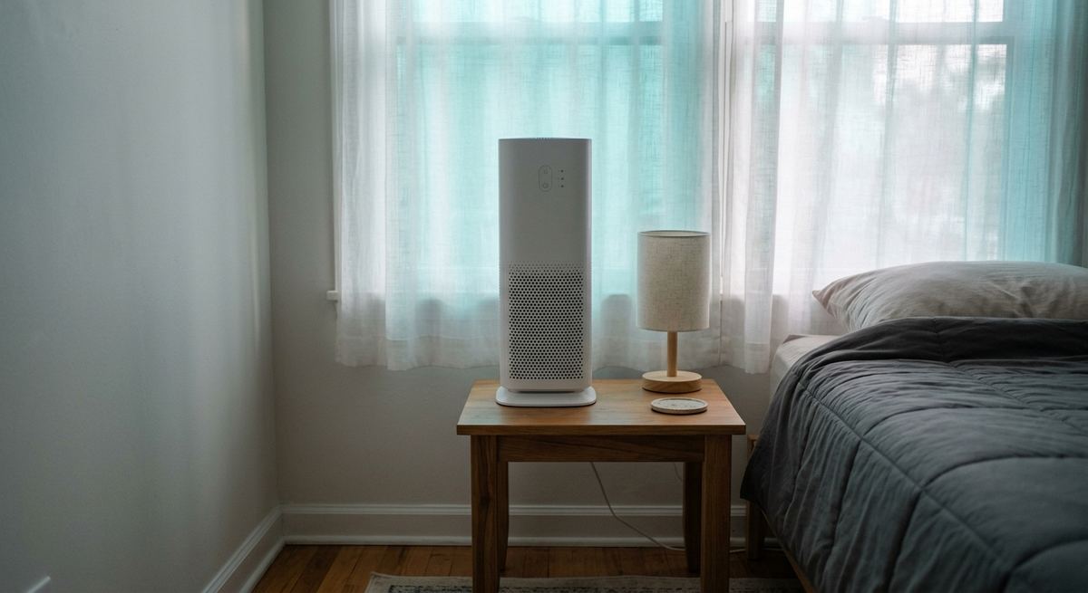 A compact white air purifier on a bedside table in a small rental bedroom