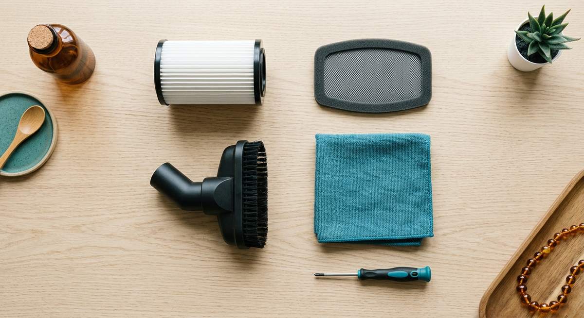 A HEPA filter cartridge, washable pre-filter and cleaning tools laid out on a table