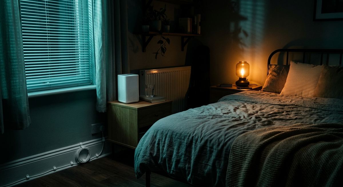 A dark bedroom at night with an air purifier on a nightstand