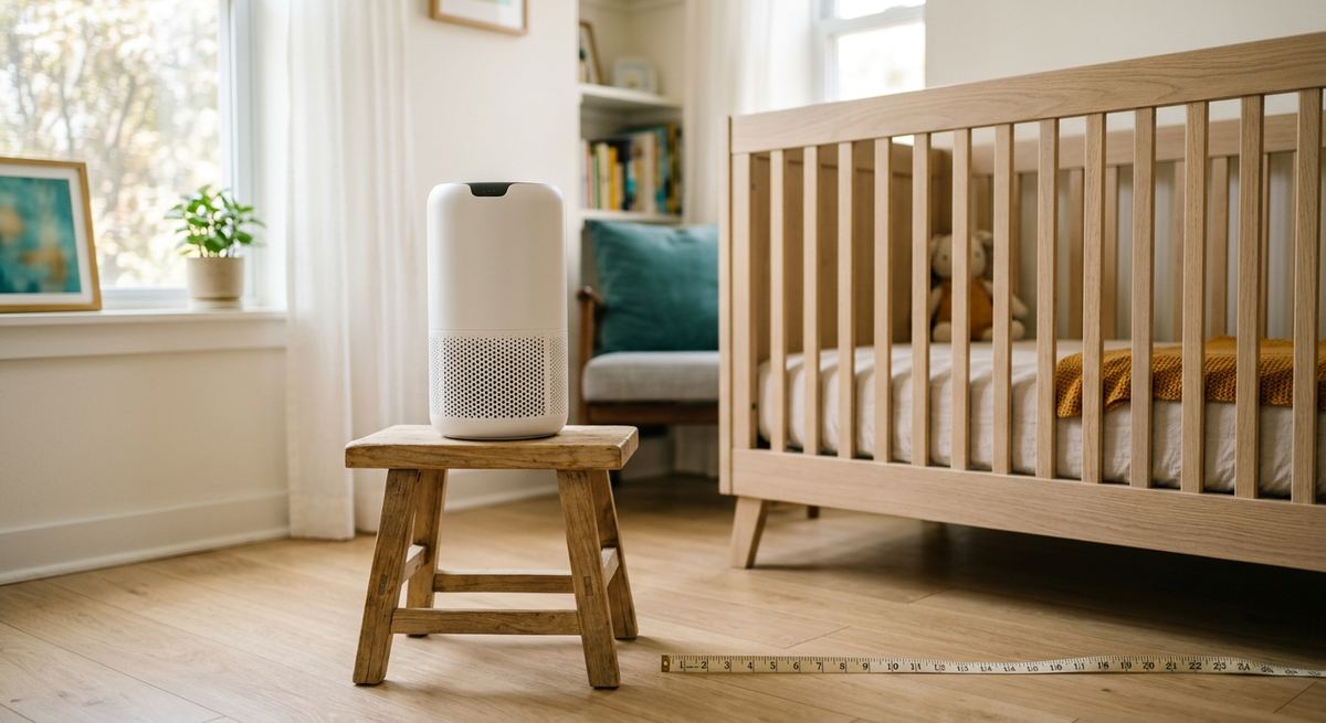 A white air purifier on a wooden stool a measured distance from a light oak crib