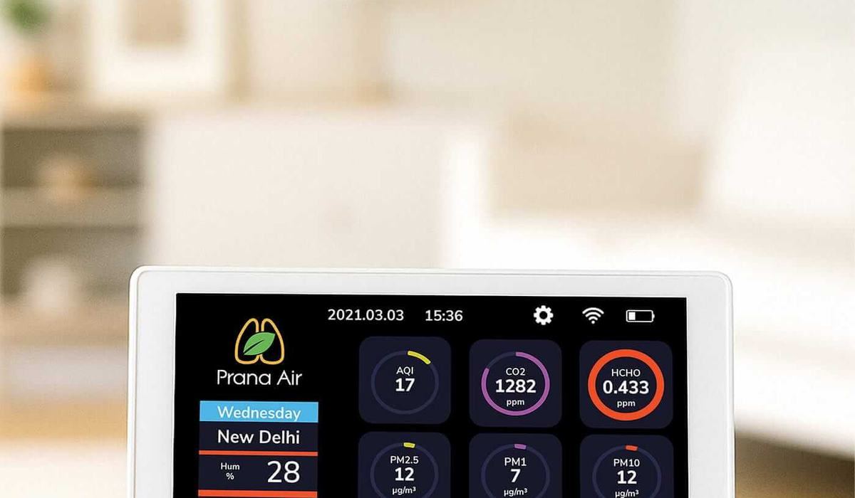 An air quality monitor showing particle readings in a room