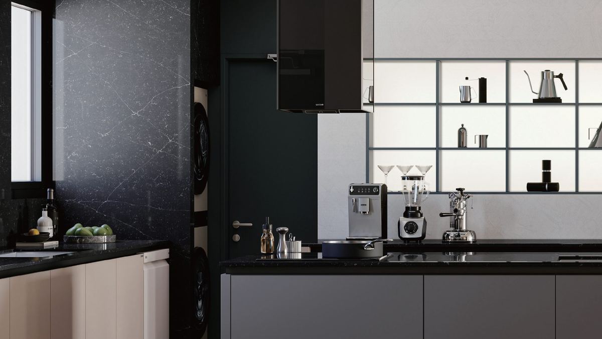 A refrigerator in a small kitchen