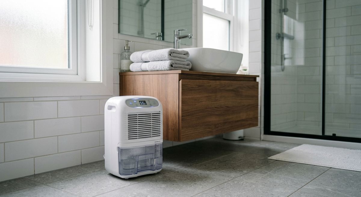 A portable dehumidifier on a bathroom floor