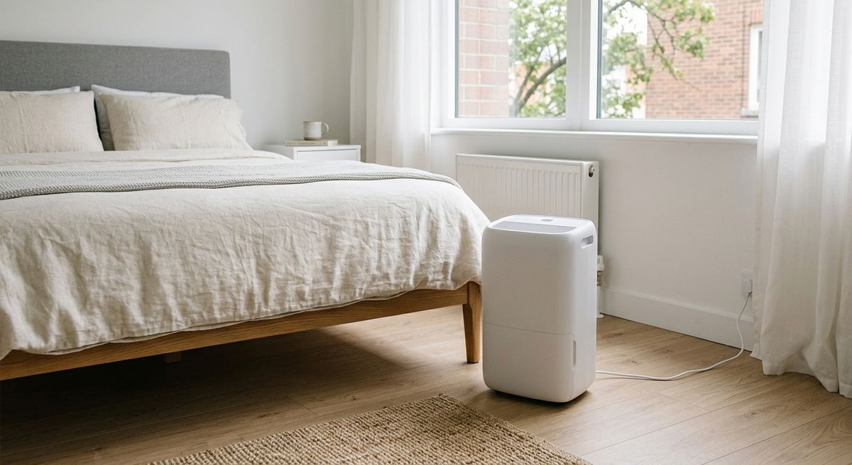 A compact white dehumidifier on the floor of a small rental bedroom beside a bed
