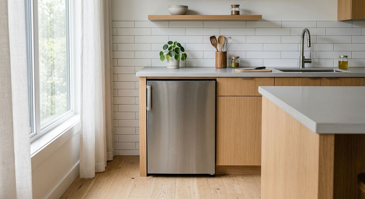 A small apartment-size refrigerator