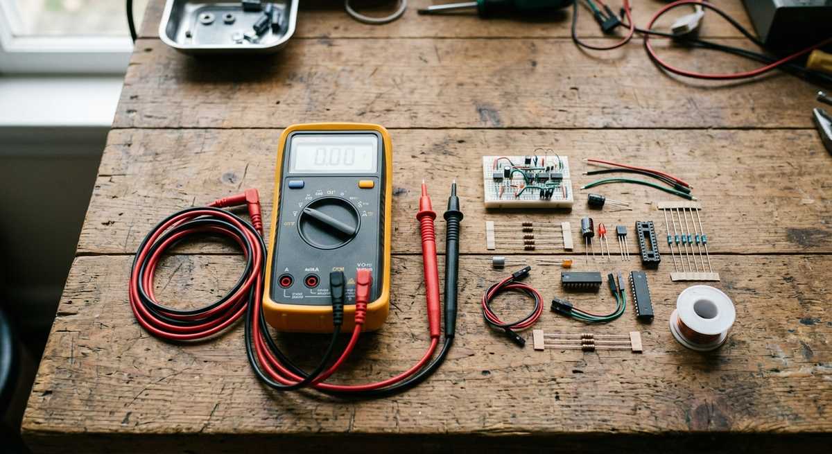 A digital multimeter on a workbench