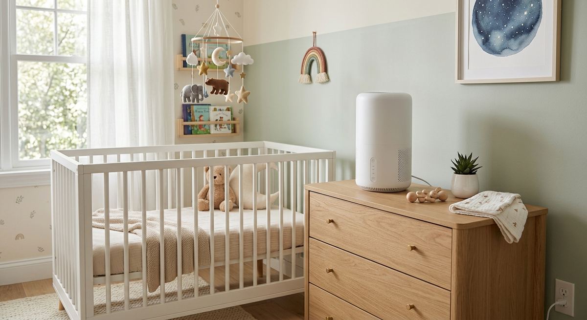 A white air purifier in a pastel baby nursery