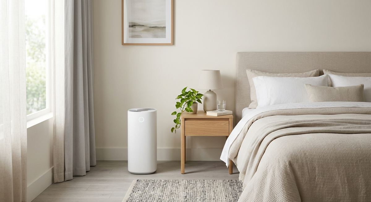 A white air purifier in a calm bedroom