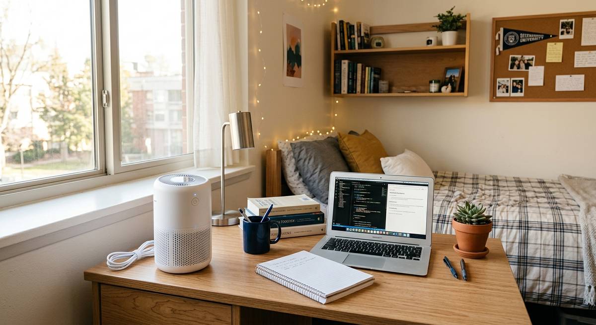 A small white air purifier on a desk in a compact dorm room