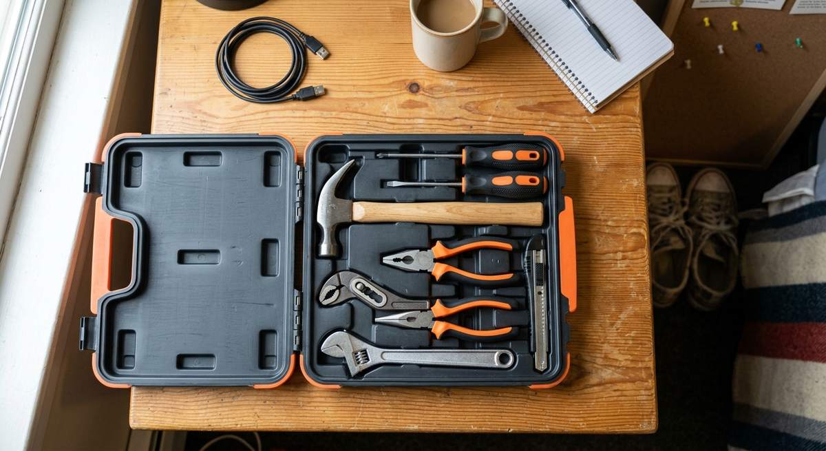A compact tool kit in a dorm room