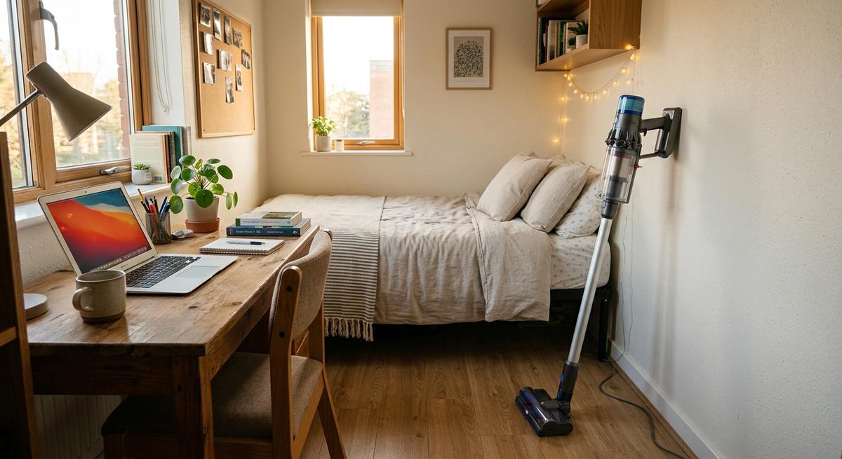 A stick vacuum on a wooden floor