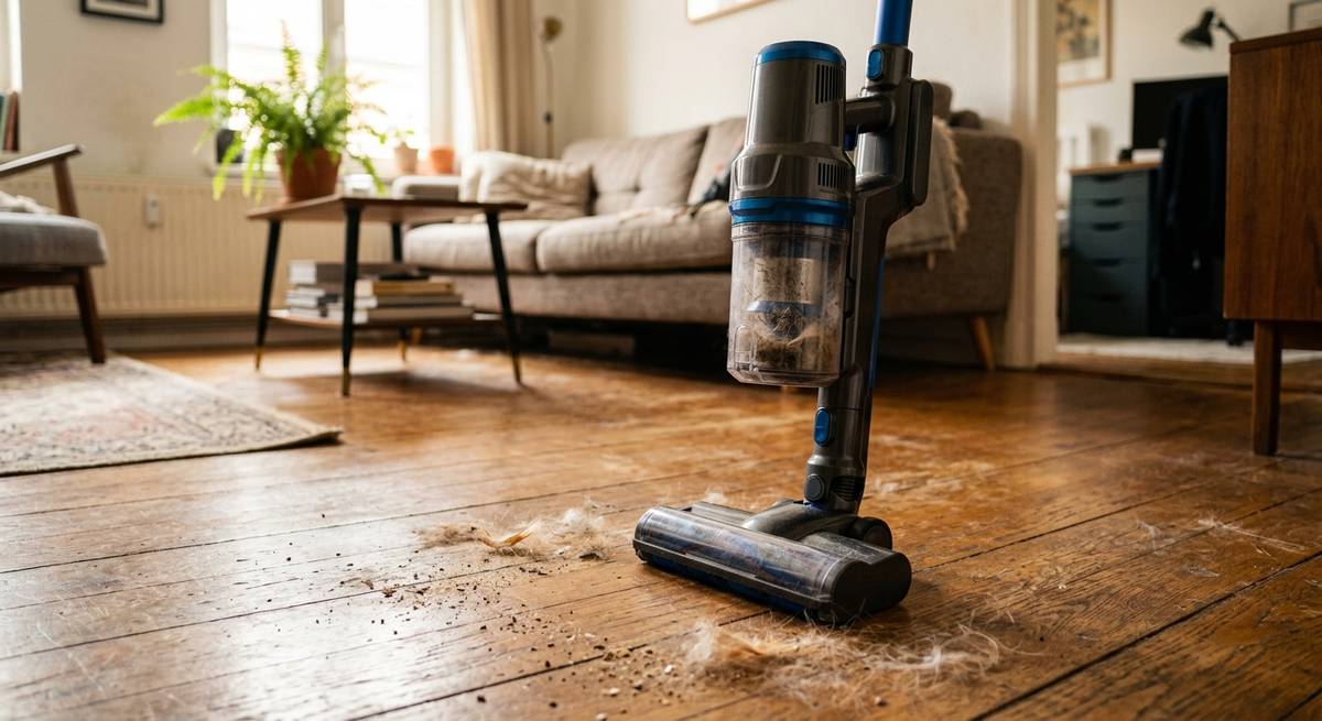 A stick vacuum on a wooden floor