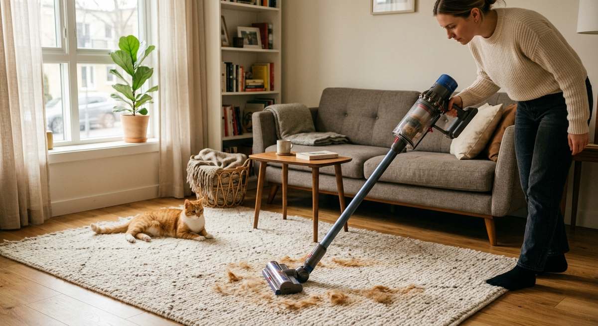 A cordless vacuum cleaning a rug