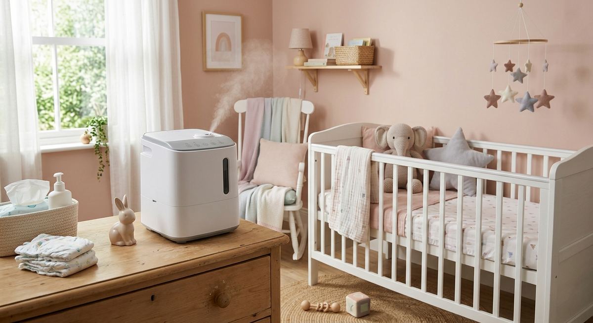A combined humidifier and air purifier unit on a dresser in a baby's room