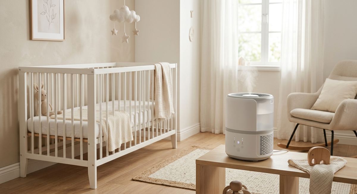 A combined air purifier and humidifier unit in a calm nursery with a cot
