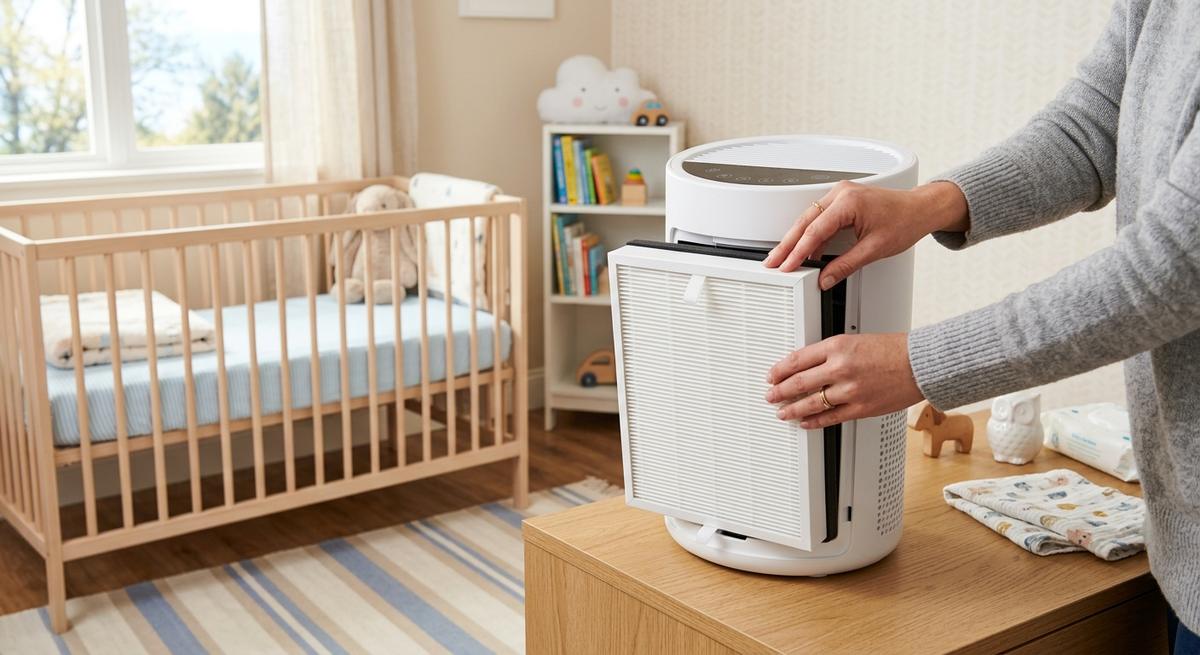 A HEPA air filter being fitted into a purifier in a nursery