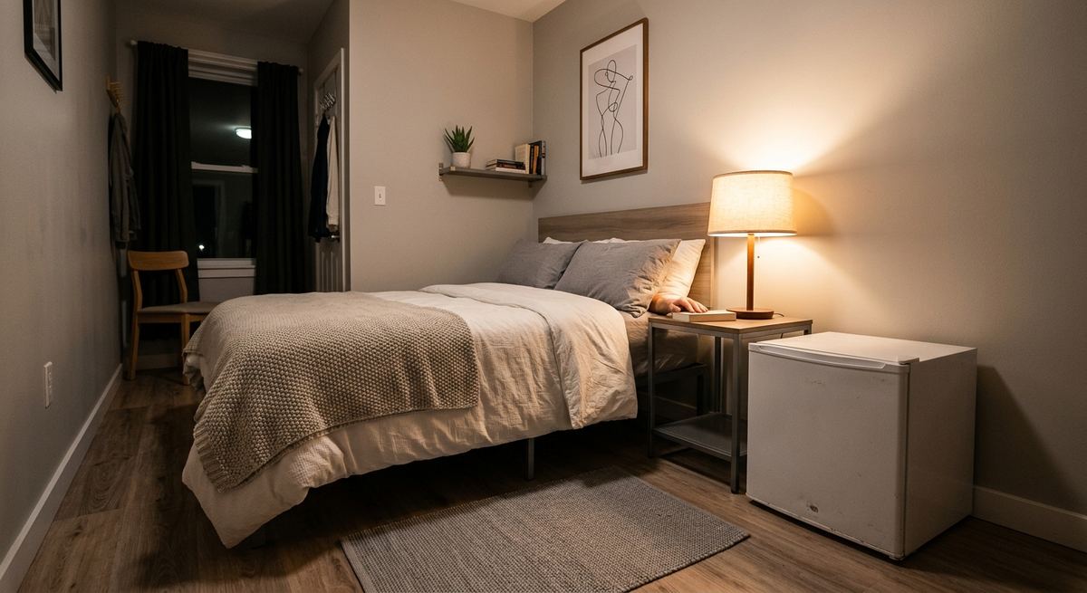 A small mini fridge beside a bed in a compact rental bedroom