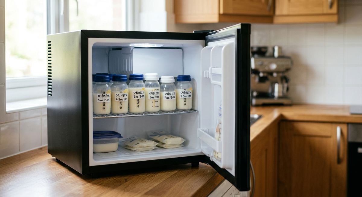 A mini fridge with stored milk bottles