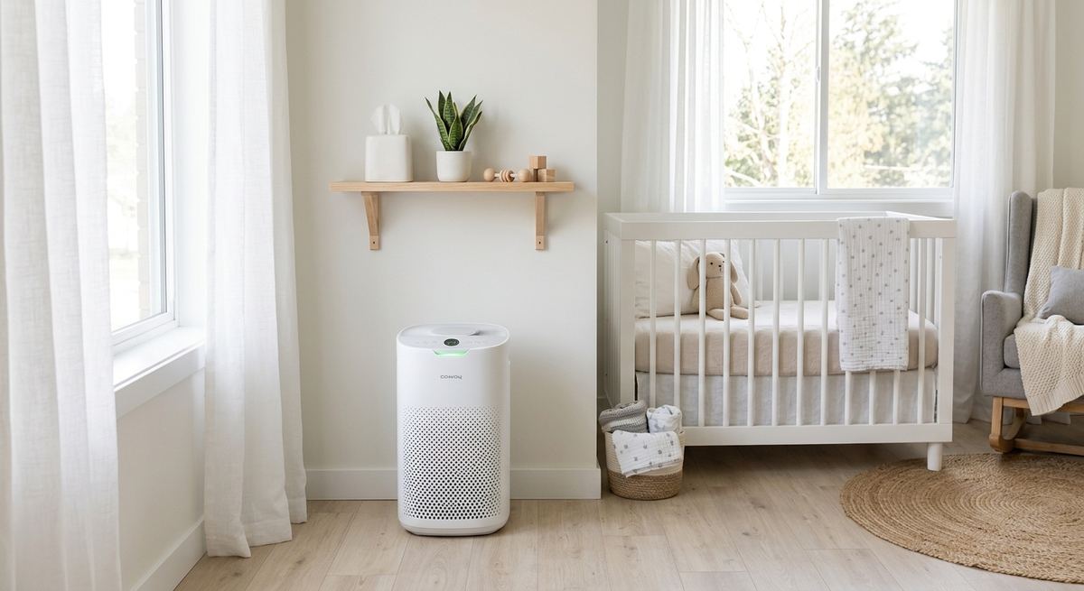 A white air purifier in a bright room