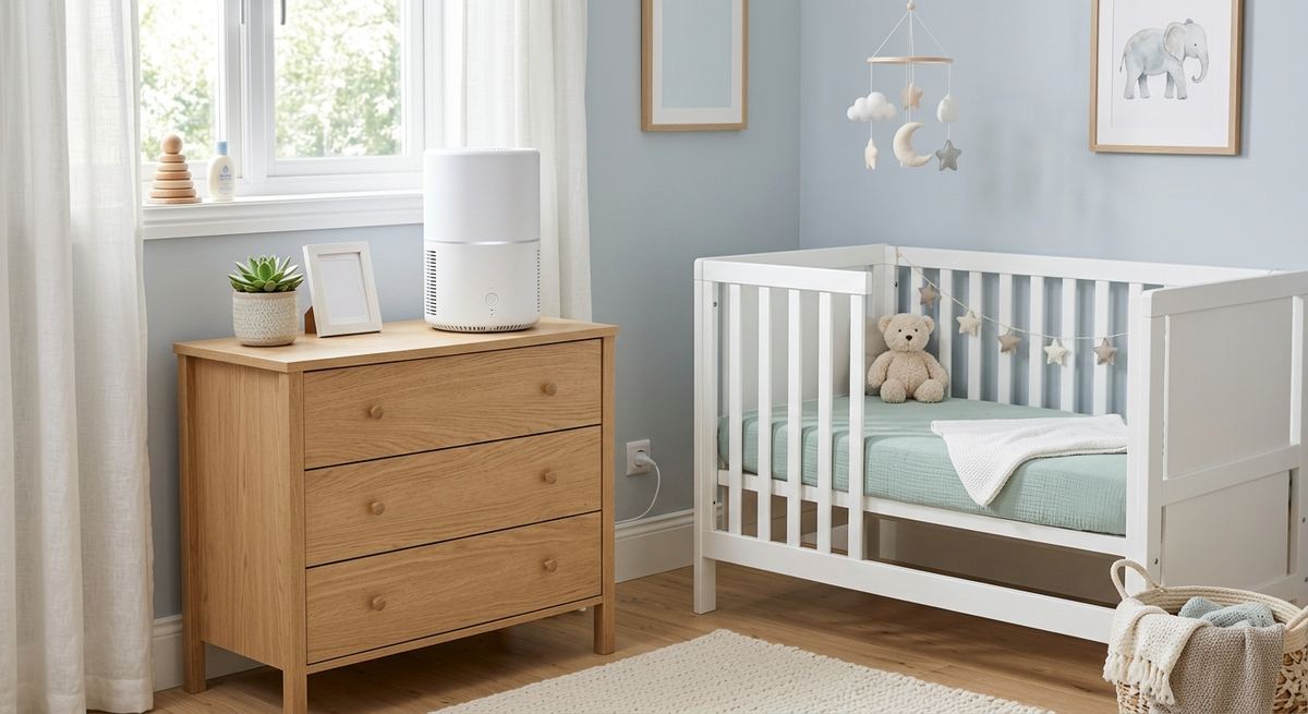 A white air purifier on a dresser in a soft, calm baby bedroom with a cot