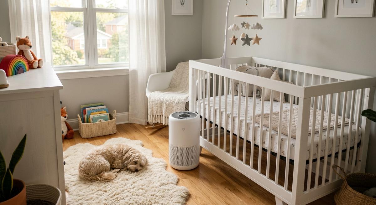 A white air purifier in a nursery with a cot and a small dog resting on a rug