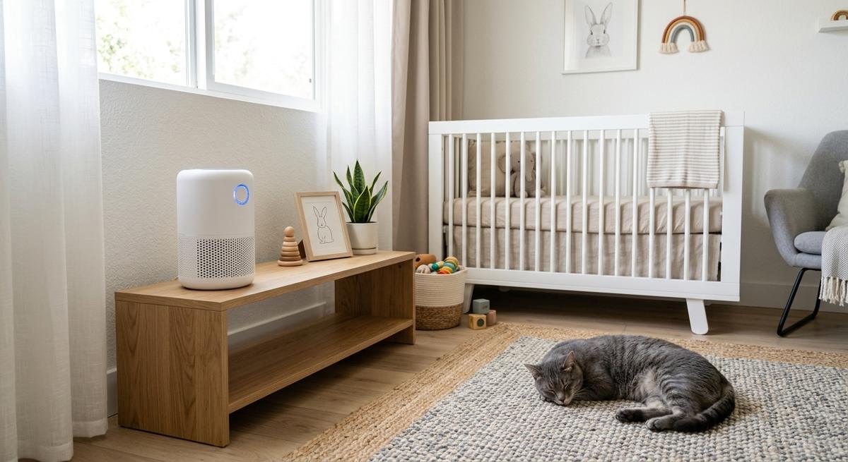 A white air purifier on a low shelf in a nursery with a crib and a cat resting nearby