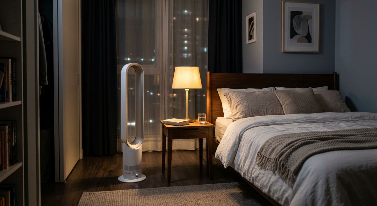 A slim white air purifier beside a bed in a calm, dimly lit bedroom