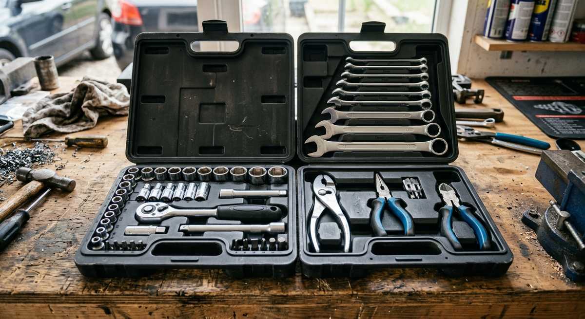 An open car tool kit with sockets and wrenches