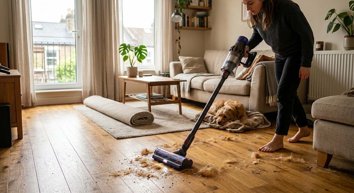 A vacuum cleaning pet hair off a hardwood floor in a small apartment