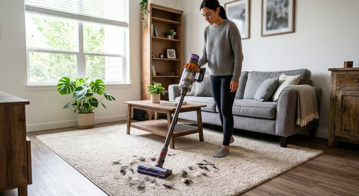 A vacuum cleaning pet hair off carpet