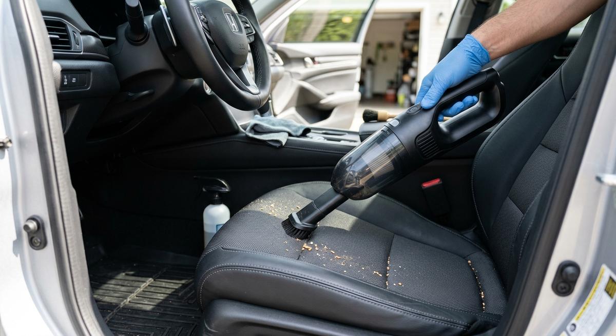 A handheld vacuum with attachments cleaning a car seat interior, car detailing scene