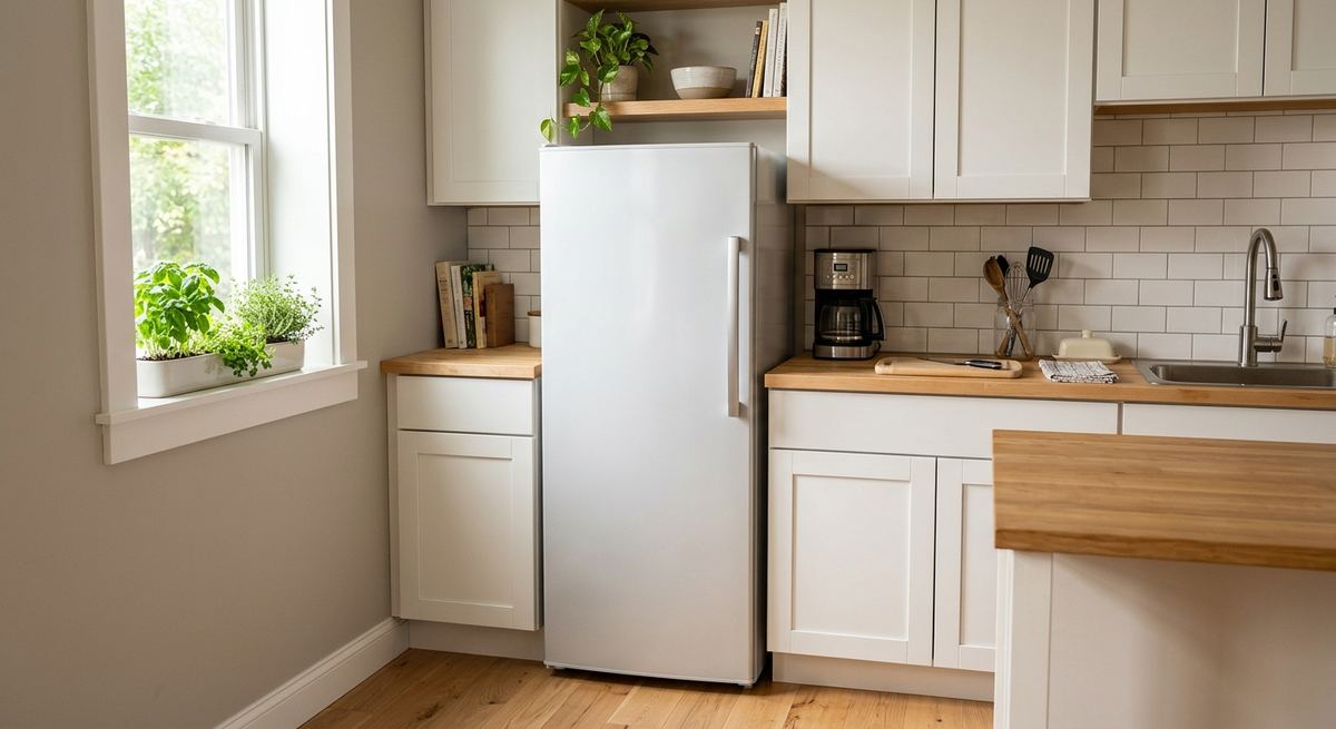 A compact apartment-size refrigerator in a small kitchen with a countertop and cabinets
