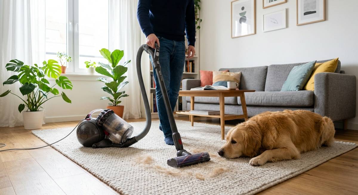 A vacuum cleaning dog hair off a light rug in a small apartment with a golden dog resting nearby