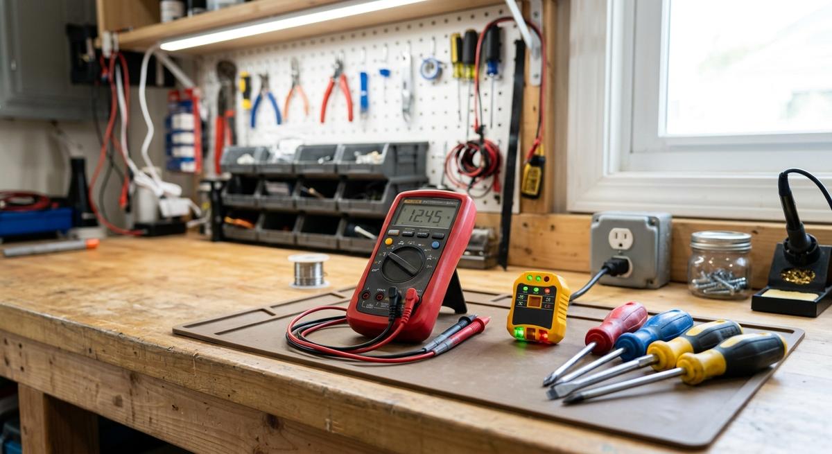 A digital multimeter on a home workbench beside a socket tester and screwdrivers