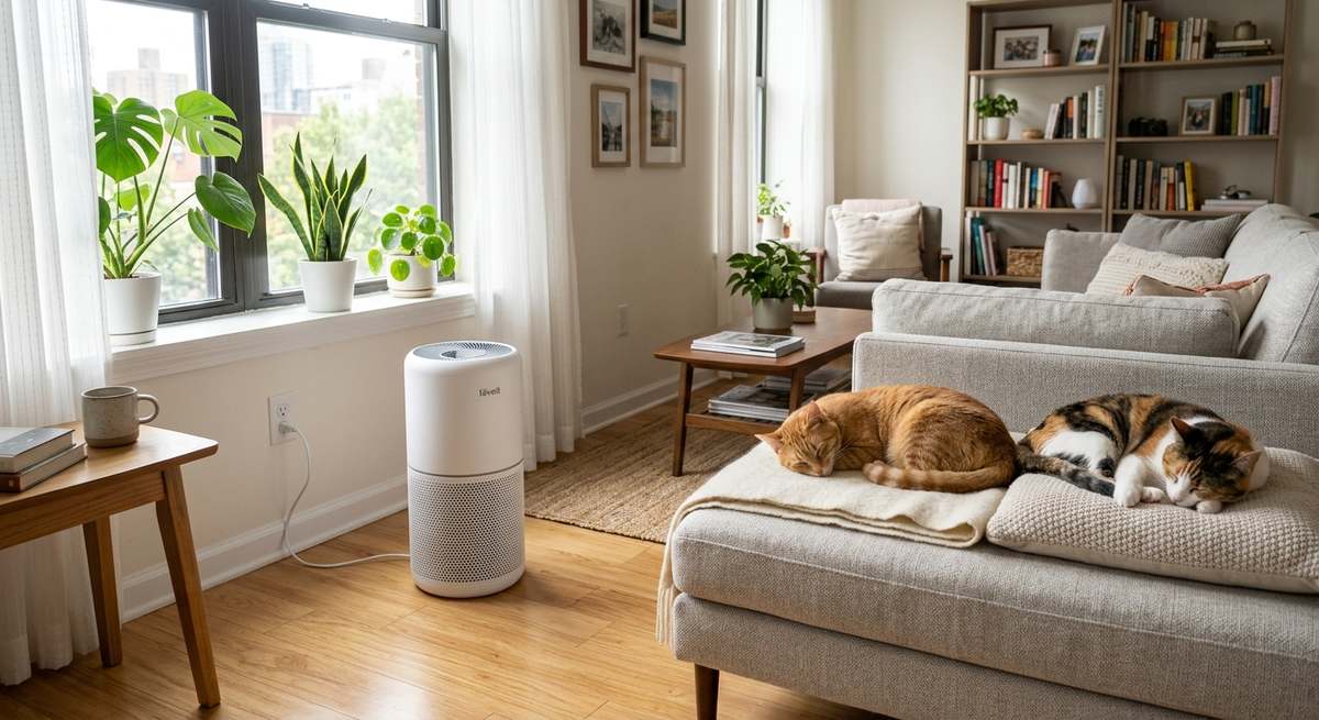A white air purifier in a small apartment living room with two cats resting on a sofa