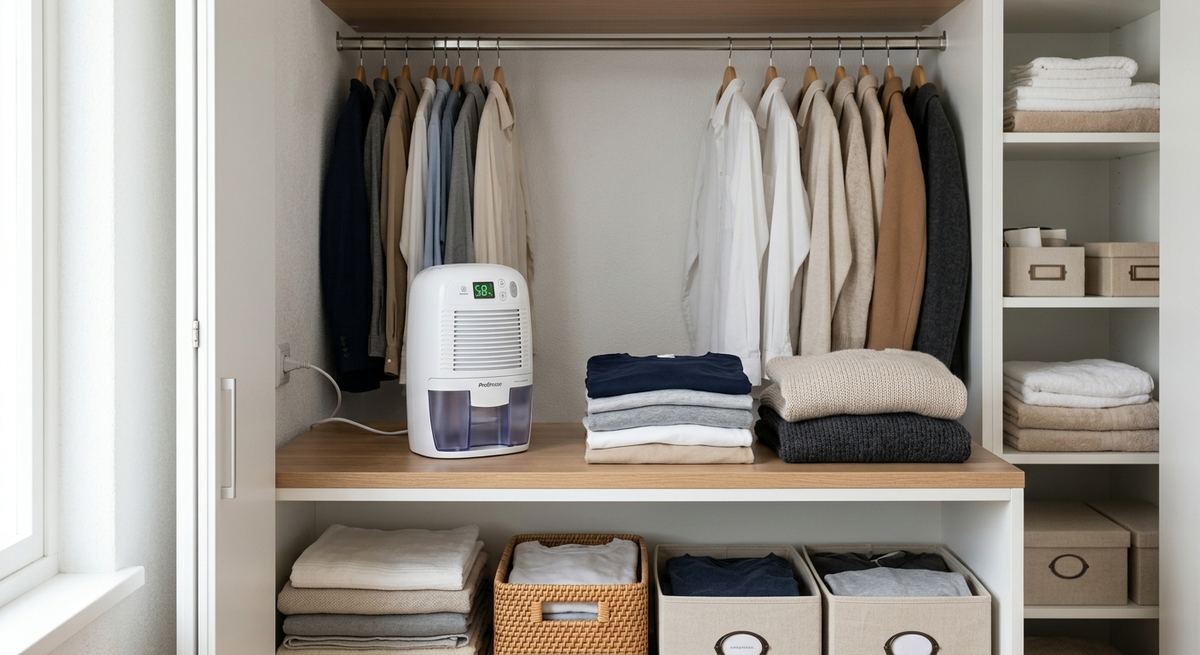 A small dehumidifier in a tidy closet