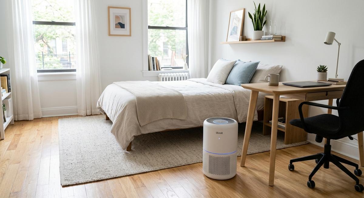 A compact white air purifier on the floor of a small tidy studio apartment room with a bed and a small desk