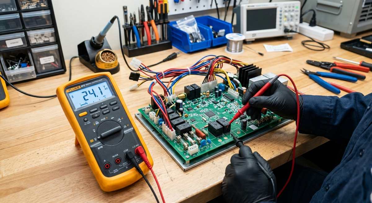 A multimeter testing an HVAC control board