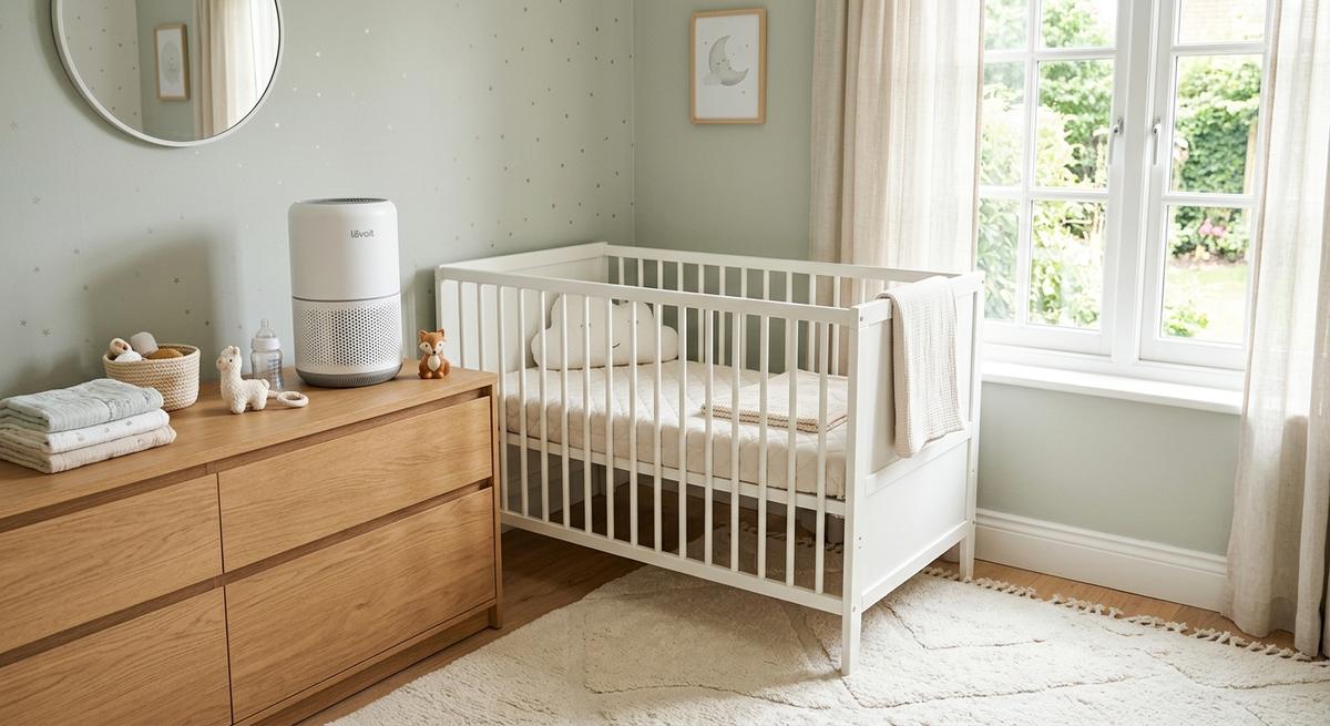 A white true-HEPA air purifier on a low wooden dresser in a soft pastel newborn nursery with a white cot