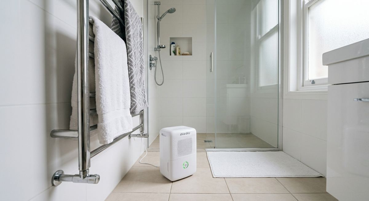A small white dehumidifier on the floor of a compact apartment bathroom with a shower and a towel rail