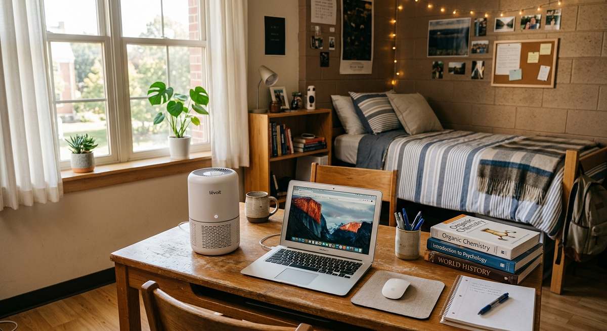 A small white air purifier on a desk in a compact dorm room with a bed, books and a laptop