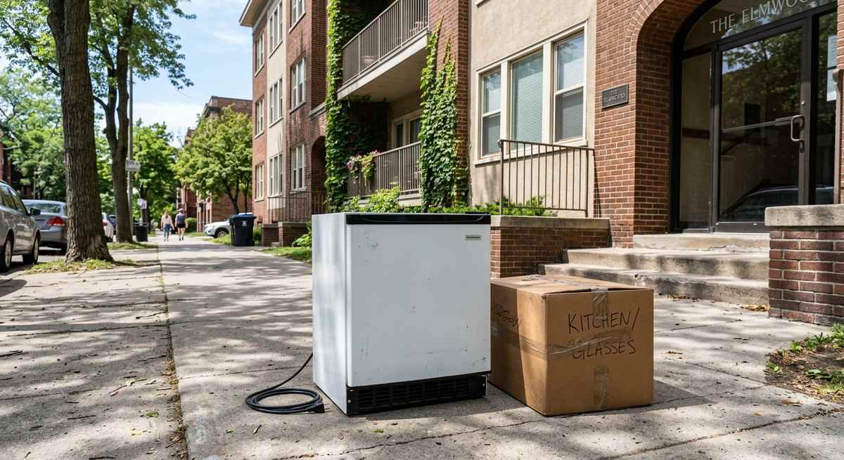 A small fridge on a sidewalk next to a moving box