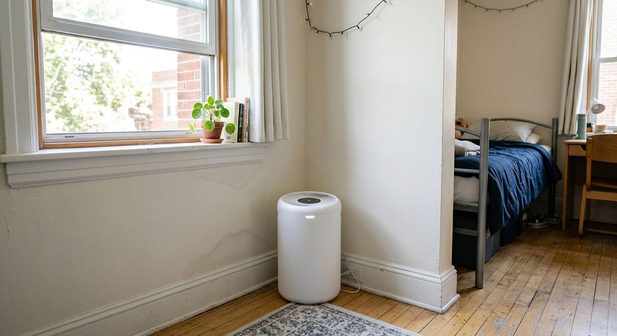 A white air purifier in a dorm room corner